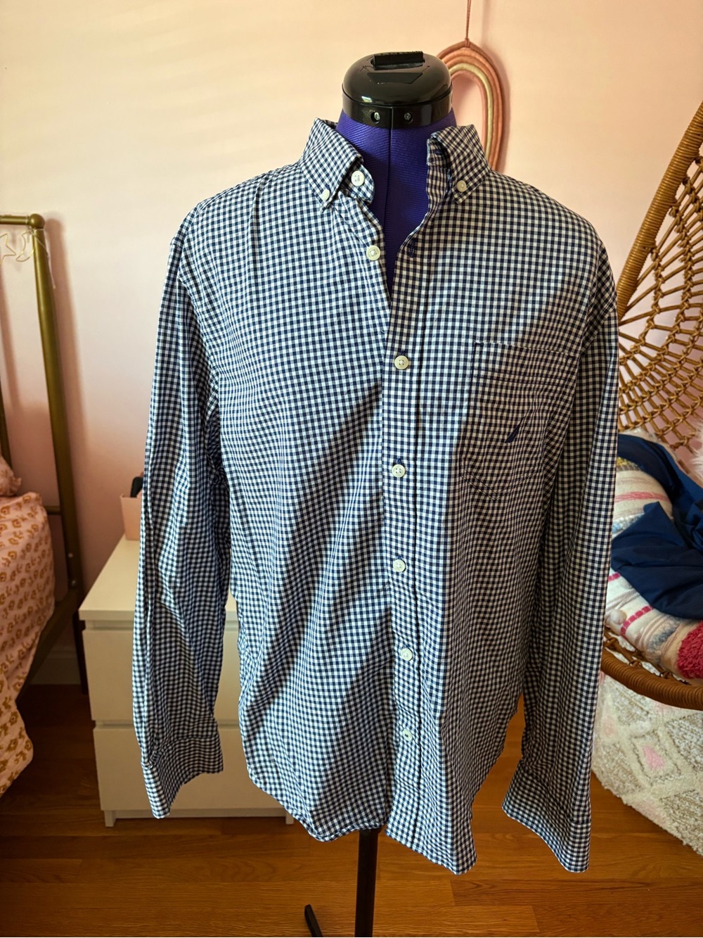 Nautica Navy and White Gingham Button-Down Shirt